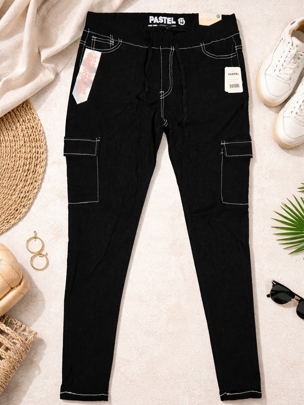 Pastels Black Cargo Pants with Contrast Stitching